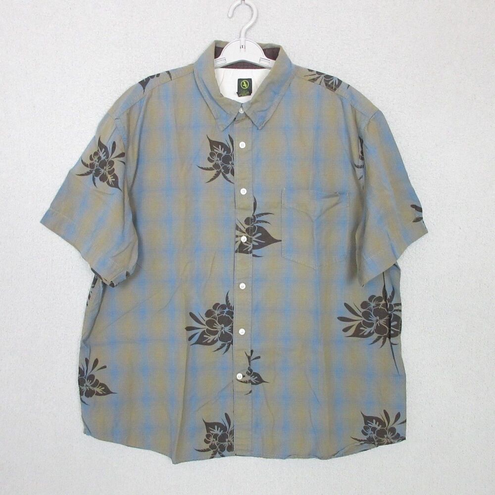 AIGLE Hawaiian Shirt Mens XXL Blue Tan Plaid Floral Leaf Print Cotton Casual